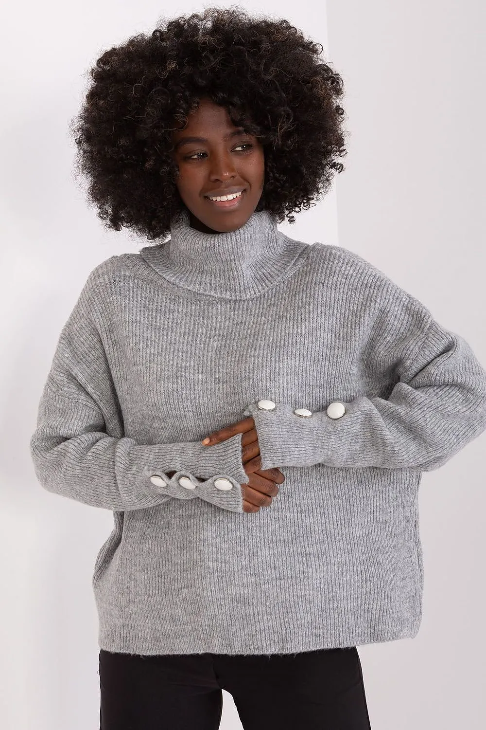 BADU Women's European-made Knitted Turtleneck Sweater with Decorative Sleeves Buttons