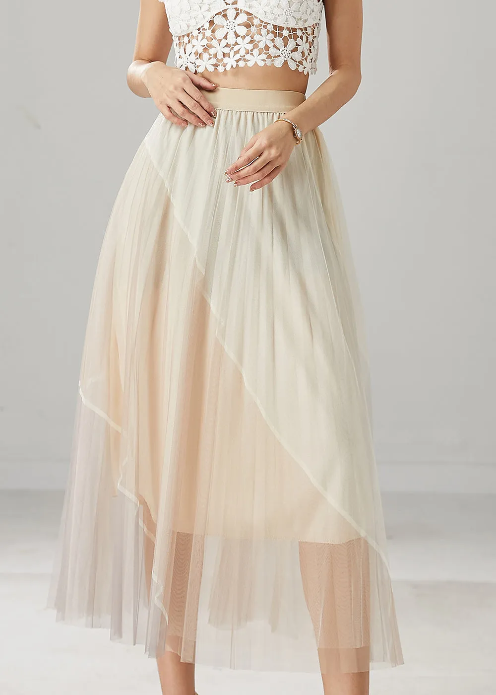 Beautiful Apricot High Waist Patchwork Tulle Skirts Summer YU1028