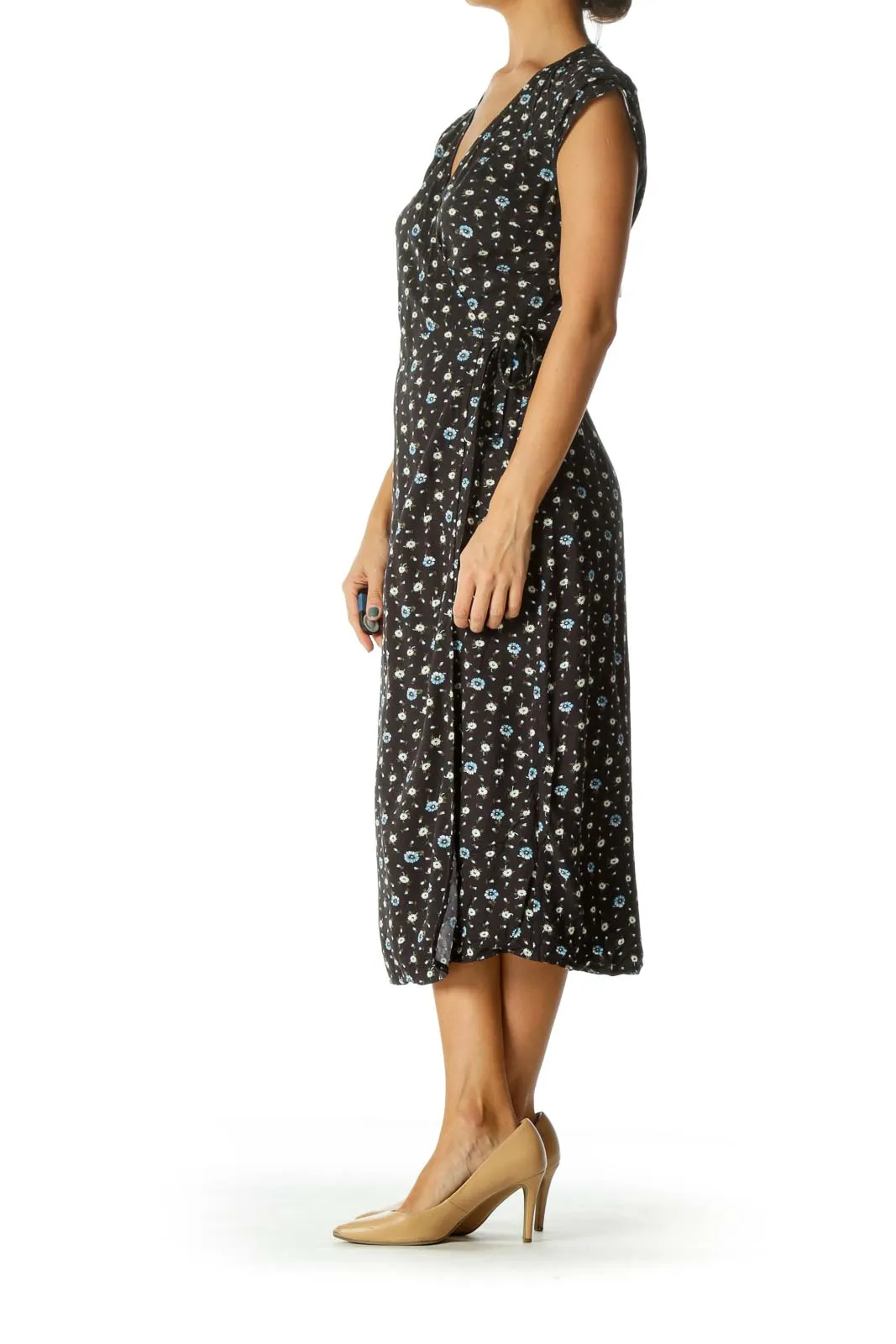 Black Blue Green Floral Print Wrap Dress