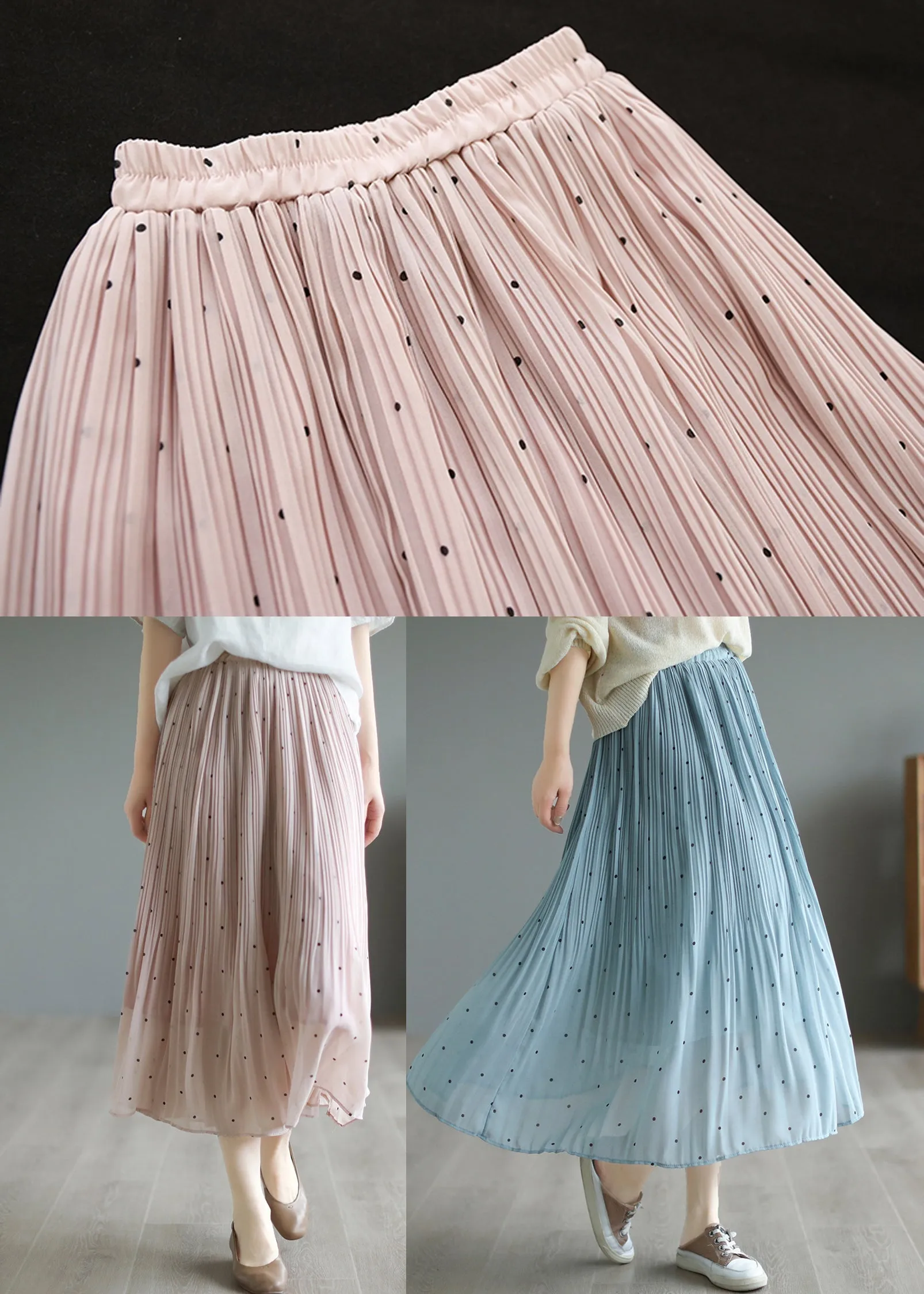 Bohemian Pink Elastic Waist Dot Print Chiffon Skirts Summer LY7207