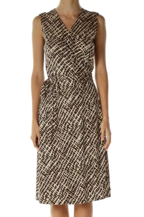 Brown and Beige Printed Wrap Dress