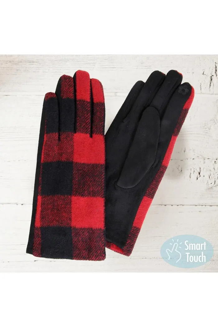 Buffalo Plaid Check Patterned Faux Suede Touch Smart Gloves