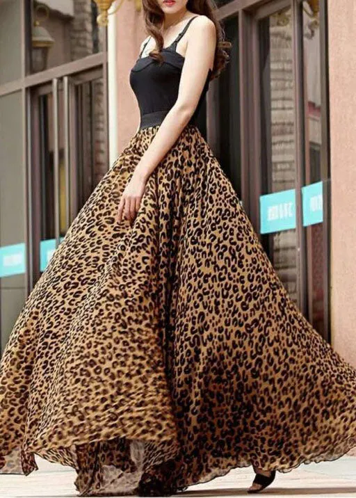 Chocolate Leopard Print Tulle Skirt Wrinkled High Waist Summer