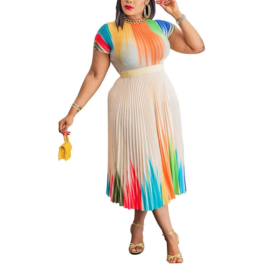 Colorful Round Neck Short Sleeve Printed Pleated Dress Wholesale Womens Clothing N3823103000109