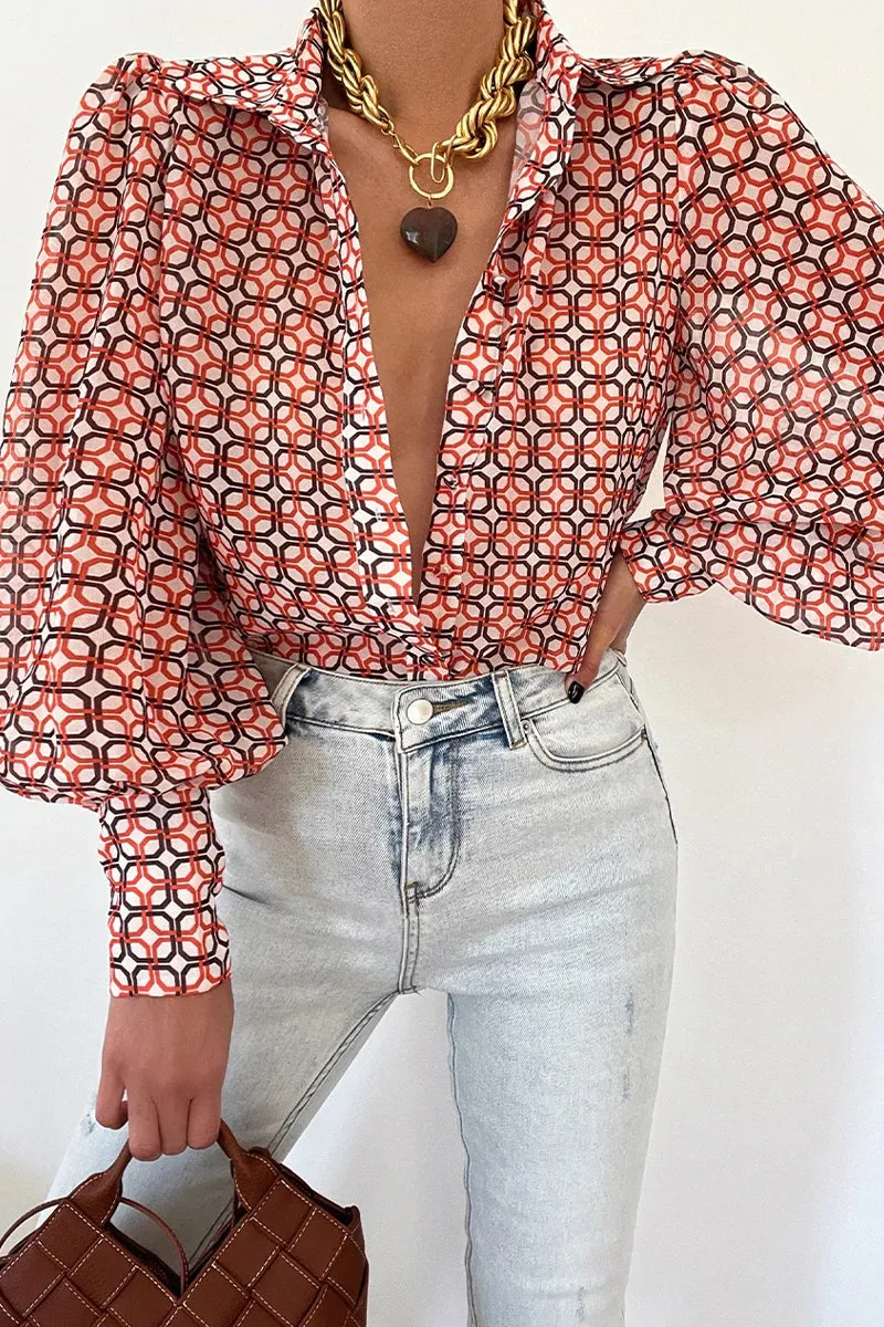 Elegant Floral Patchwork Turndown Collar Tops