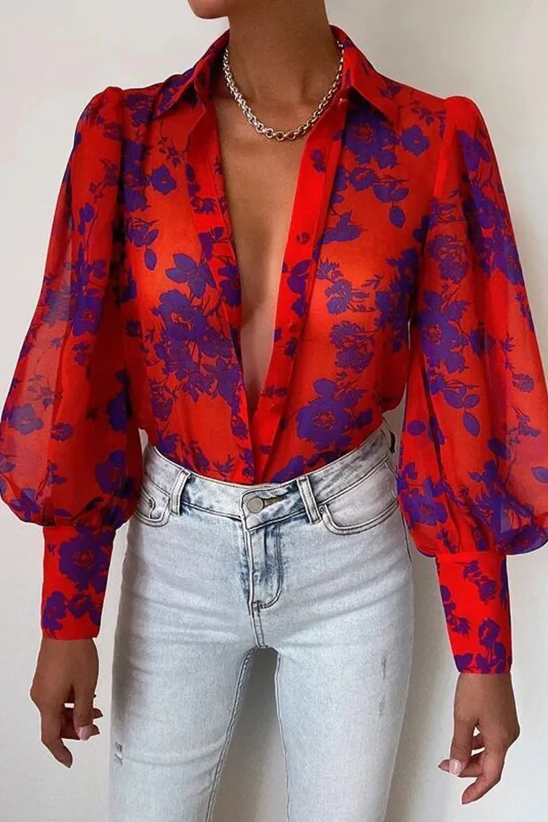 Elegant Floral Patchwork Turndown Collar Tops