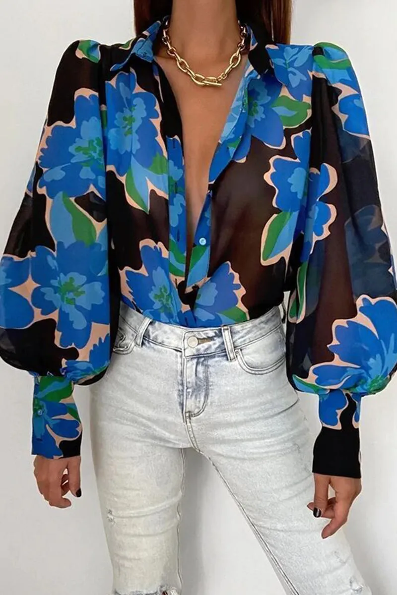 Elegant Floral Patchwork Turndown Collar Tops