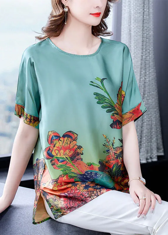 Elegant Green O-Neck Print Silk Tops For Women Short Sleeve