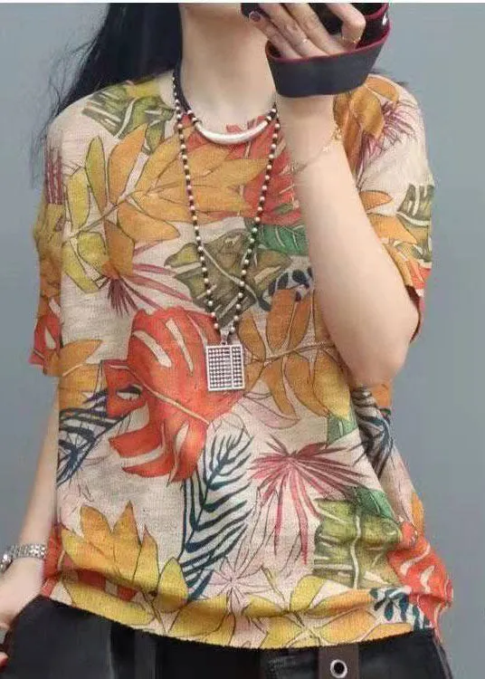 Elegant Print Cotton  Short Sleeve Tops