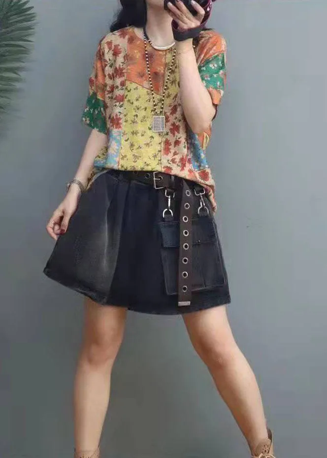 Elegant Print Cotton  Short Sleeve Tops