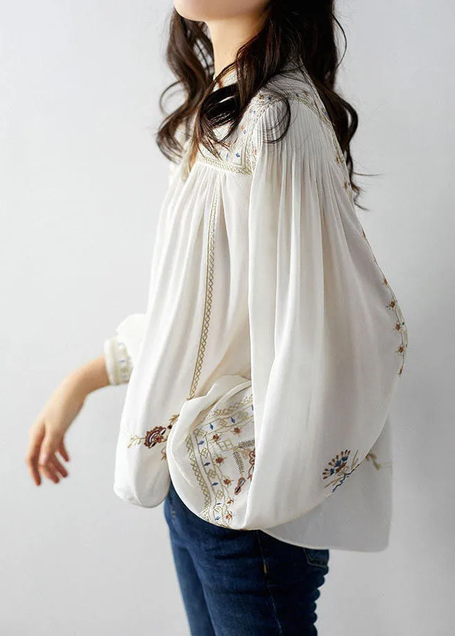 Elegant White 2022 Embroideried Chiffon Blouse Tops Long Sleeve