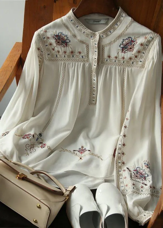 Elegant White 2022 Embroideried Chiffon Blouse Tops Long Sleeve