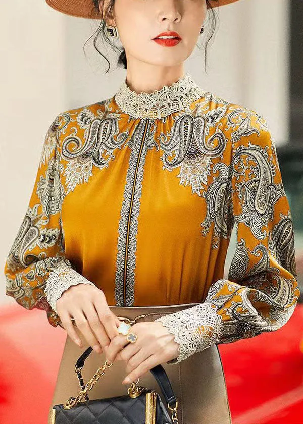 Elegant Yellow Stand Collar Embroideried Patchwork Print Chiffon Blouse Tops Long Sleeve