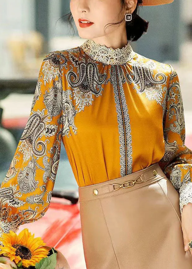 Elegant Yellow Stand Collar Embroideried Patchwork Print Chiffon Blouse Tops Long Sleeve