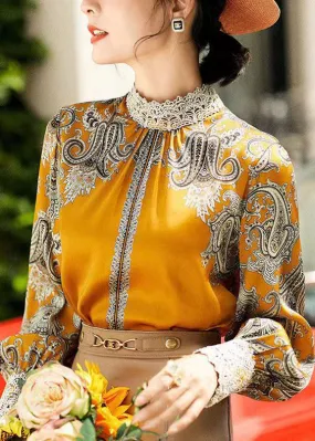 Elegant Yellow Stand Collar Embroideried Patchwork Print Chiffon Blouse Tops Long Sleeve