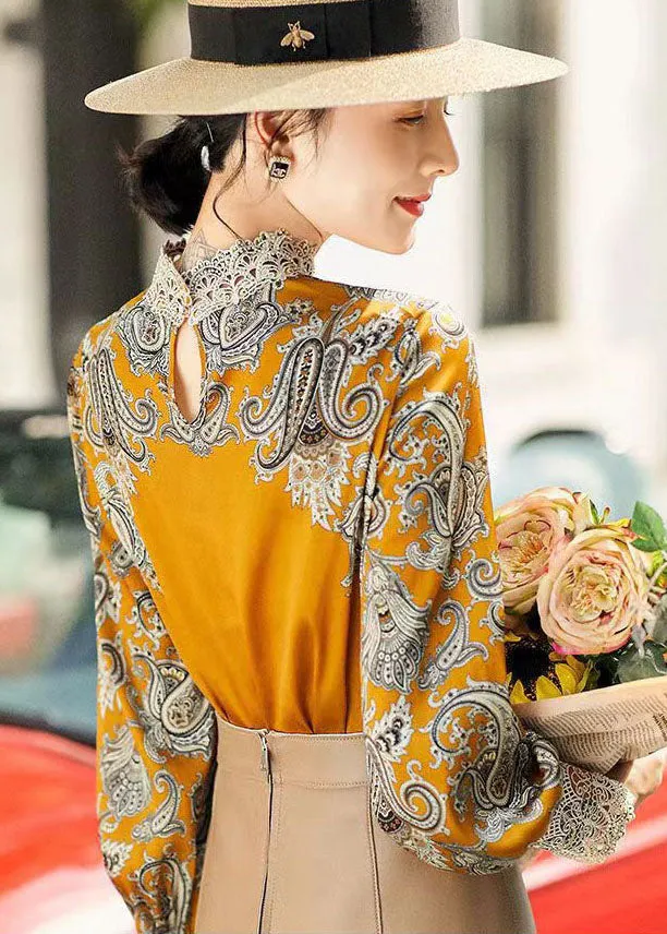 Elegant Yellow Stand Collar Embroideried Patchwork Print Chiffon Blouse Tops Long Sleeve