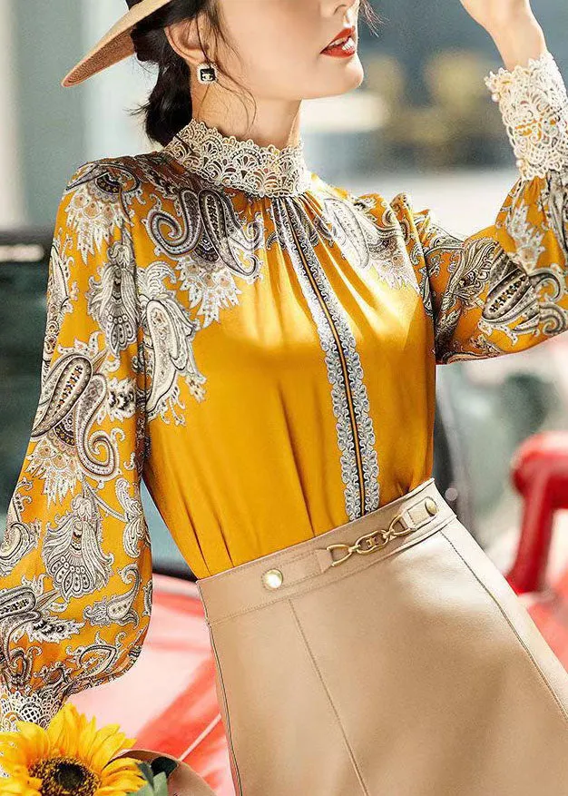 Elegant Yellow Stand Collar Embroideried Patchwork Print Chiffon Blouse Tops Long Sleeve