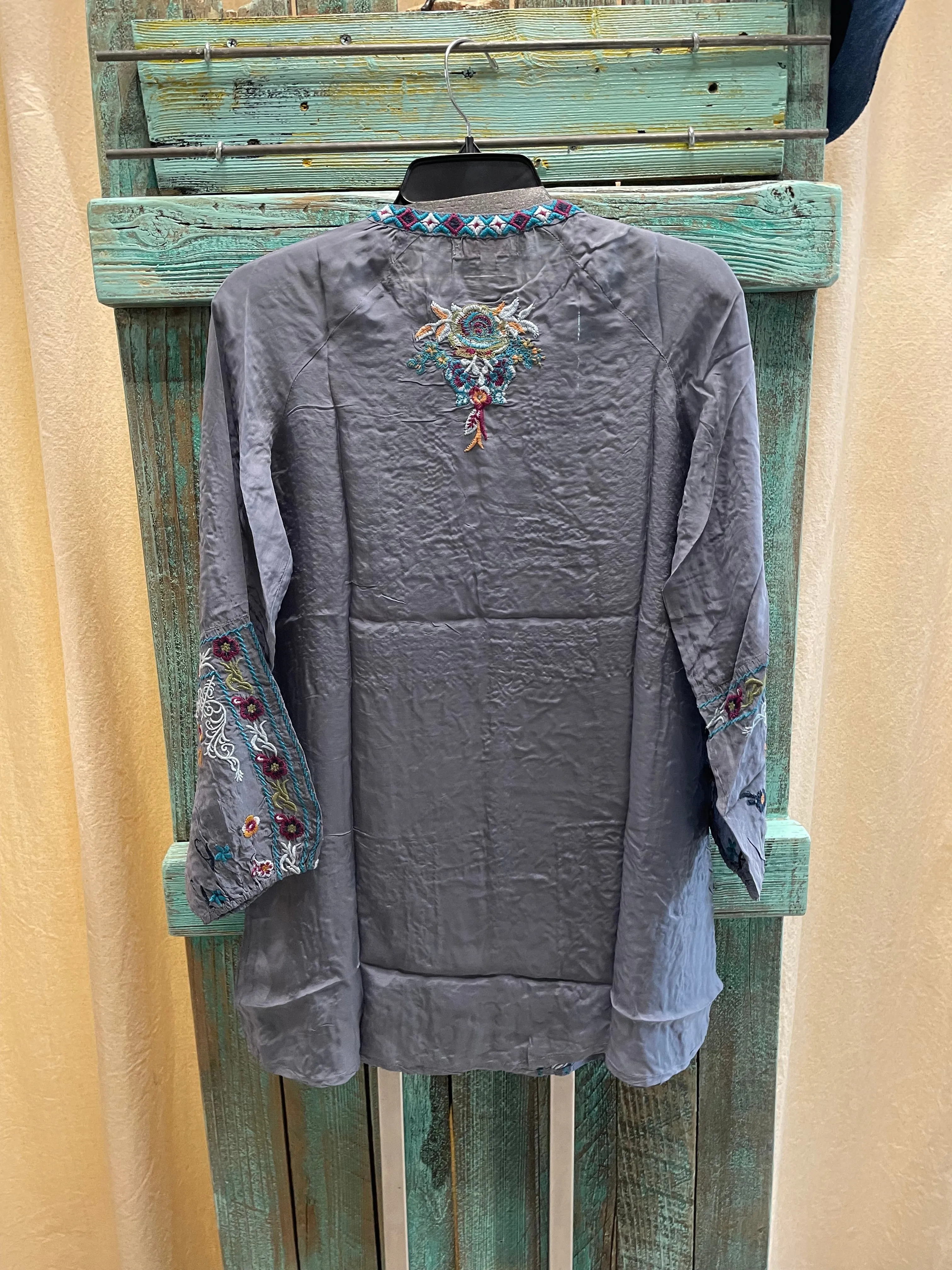 Embroidered Button Top in Grey by All About Her