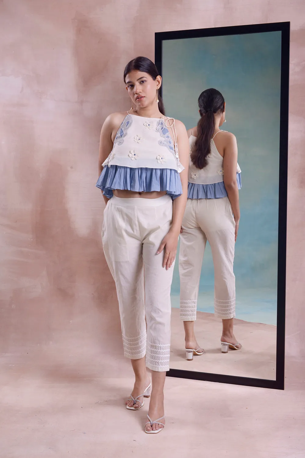 Embroidered Frill Top With Cropped Straight Pants