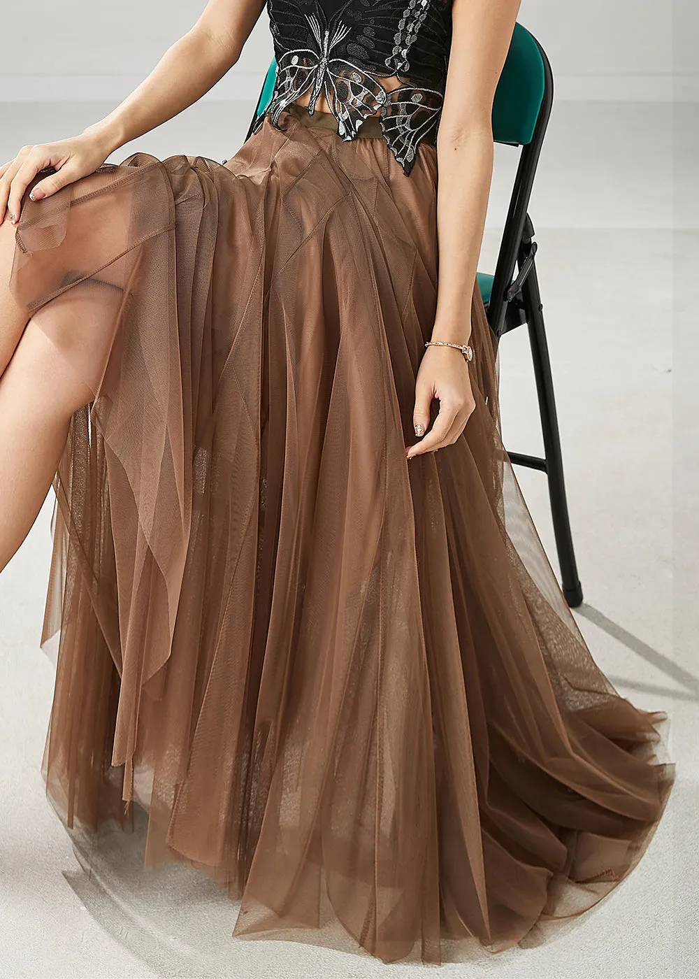 Fashion Khaki Exra Large Hem Nail Bead Tulle Skirts Spring YU1018