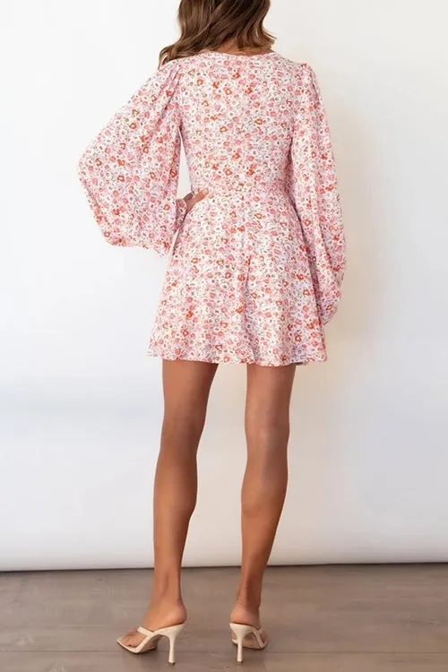 Floral Puff Long Sleeve Mini Wrap Dress