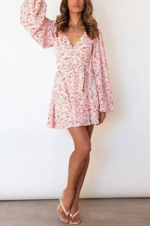 Floral Puff Long Sleeve Mini Wrap Dress