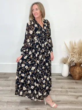 Floral Twist Wrap Maxi Dress - Black