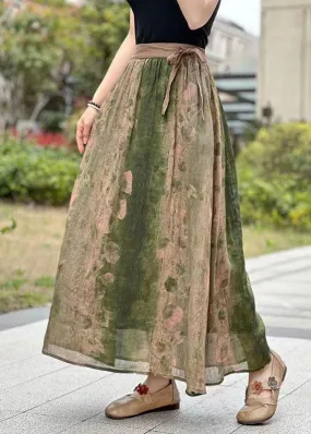 Green Pockets Print Patchwork Linen Skirts Lace Up Summer LY2565