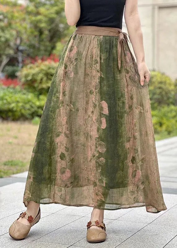 Green Pockets Print Patchwork Linen Skirts Lace Up Summer LY2565