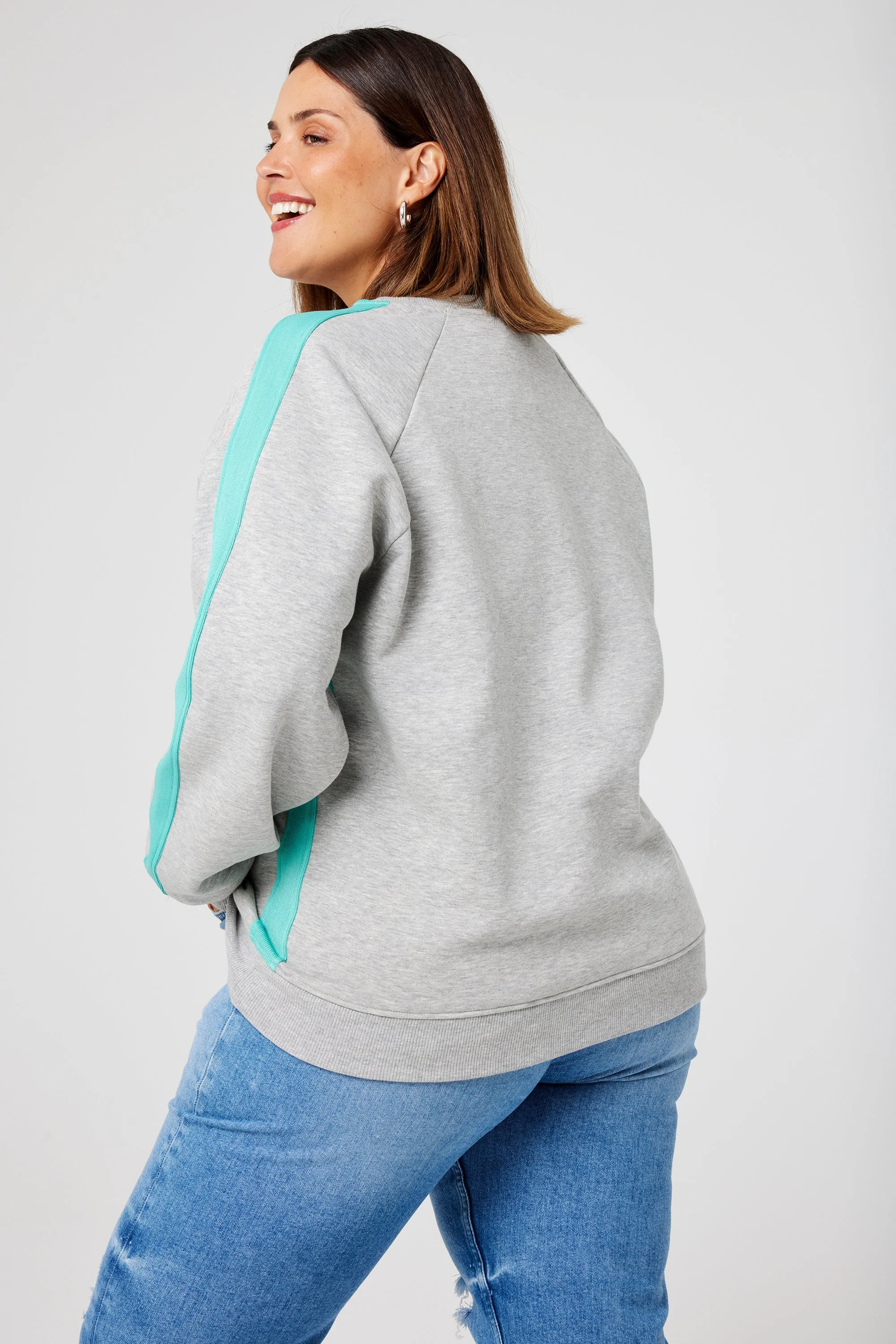 Grey Marl with Turquoise Colourblock Relaxed Sweatshirt