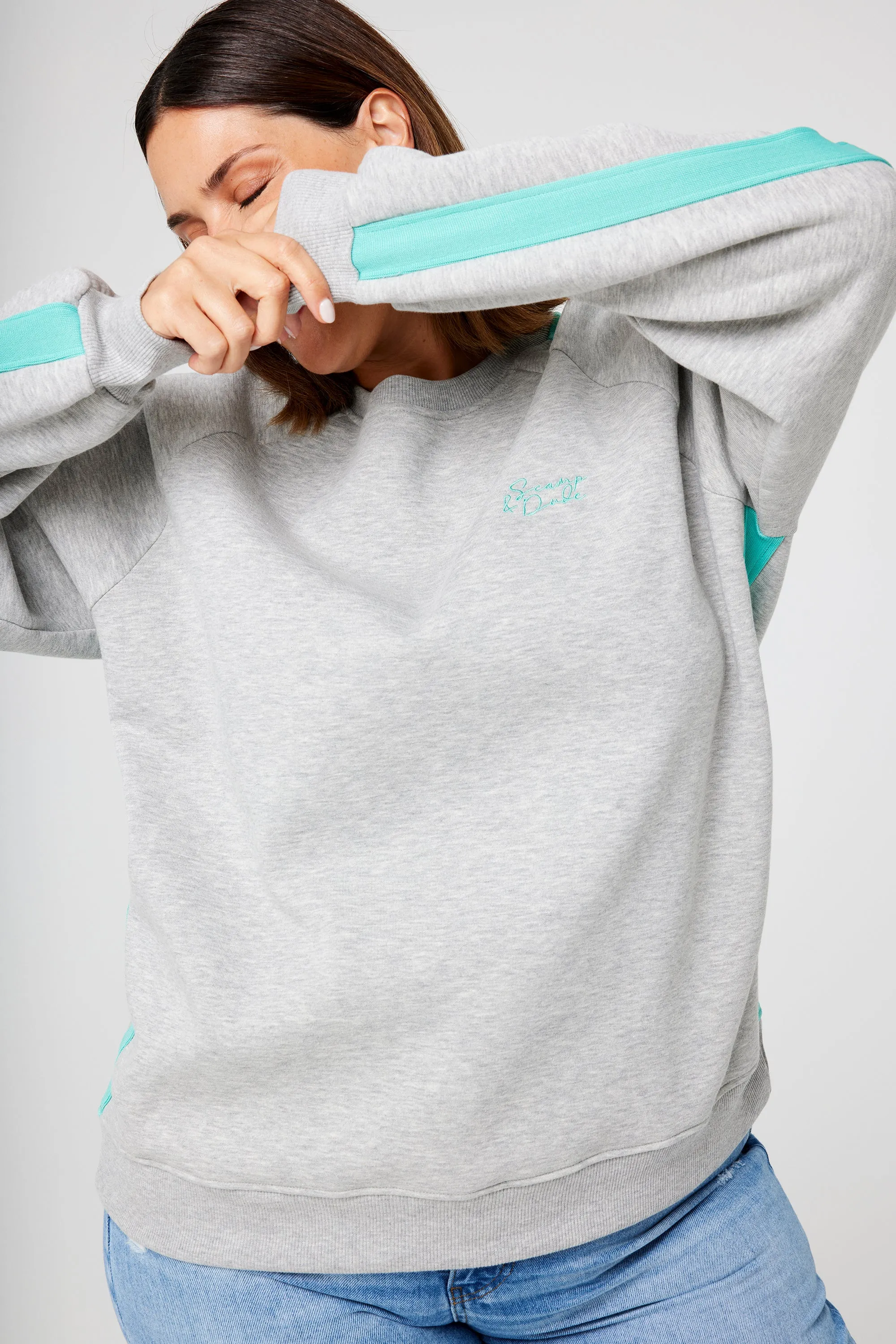 Grey Marl with Turquoise Colourblock Relaxed Sweatshirt