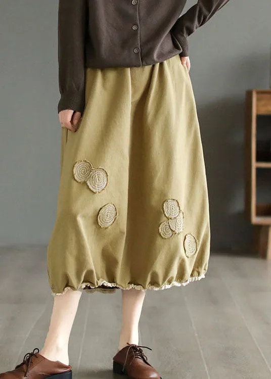 Handmade Khaki Embroideried Elastic Waist Patchwork Cotton Skirts Spring LY4140