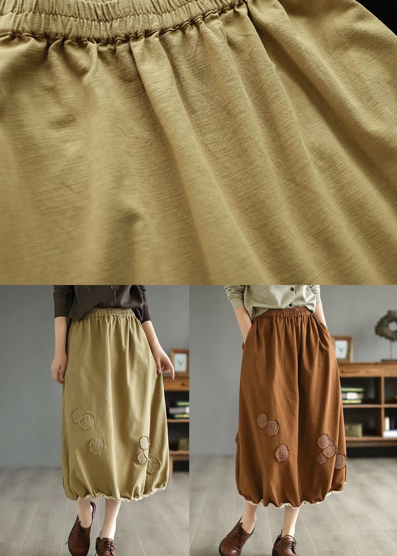 Handmade Khaki Embroideried Elastic Waist Patchwork Cotton Skirts Spring LY4140