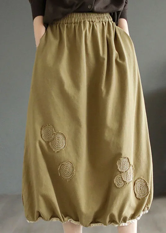 Handmade Khaki Embroideried Elastic Waist Patchwork Cotton Skirts Spring LY4140