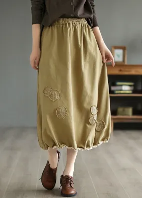 Handmade Khaki Embroideried Elastic Waist Patchwork Cotton Skirts Spring LY4140