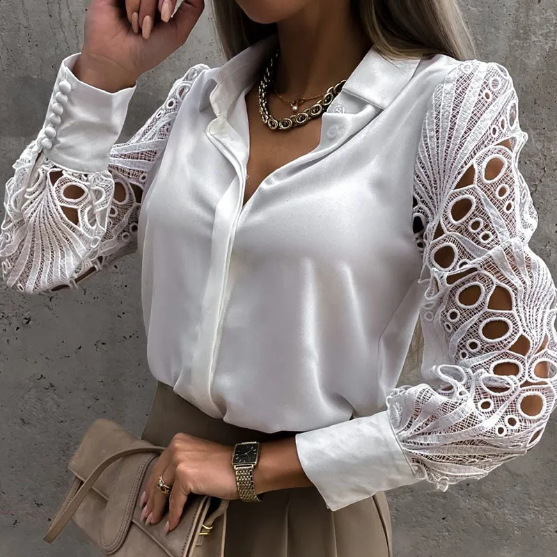 JuliaFashion - 2024 Women Vintage Button Up Shirts Top Long Sleeve Mesh Tops