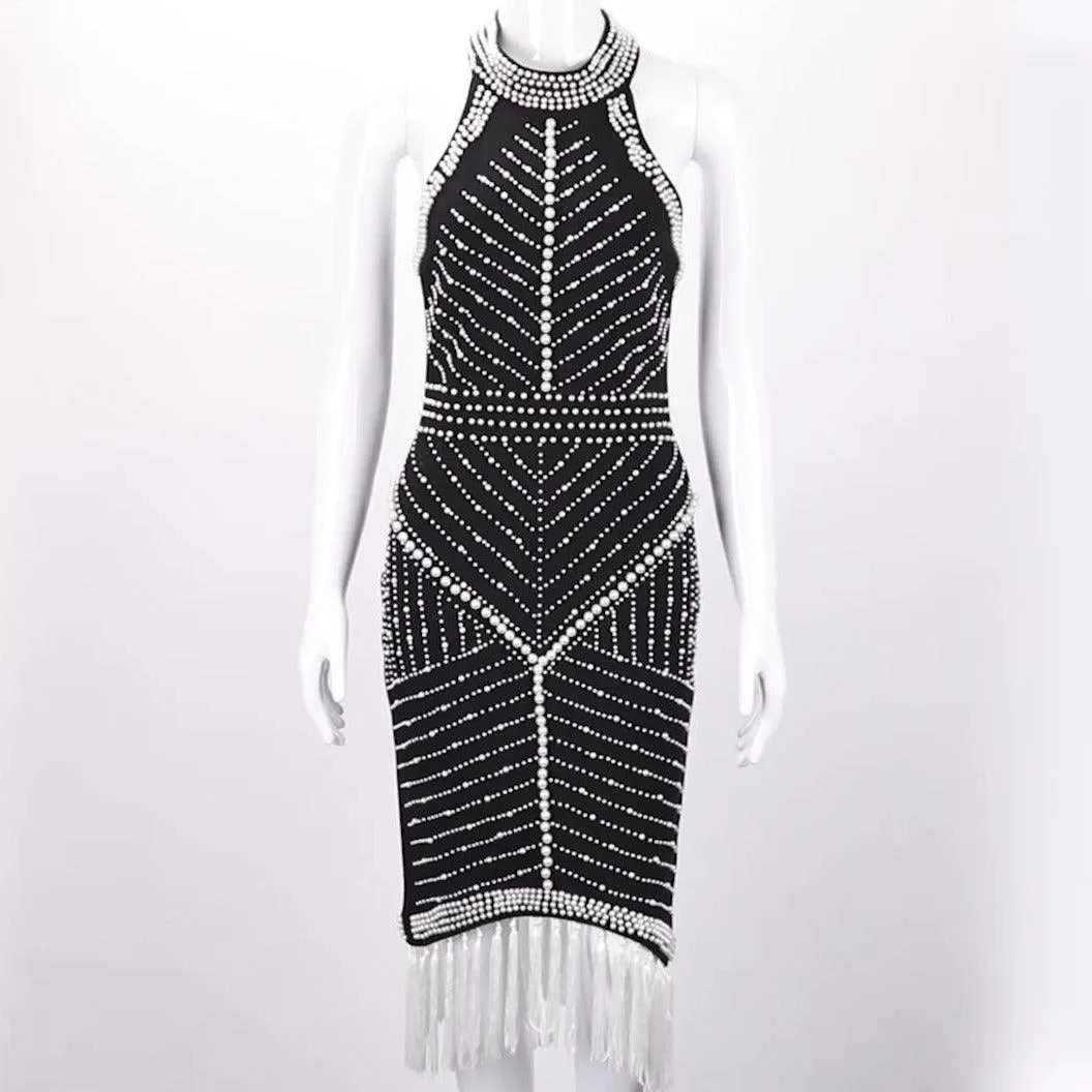 KittenAlarm - Cady Beaded Halter Neck Tassel Trim Dress