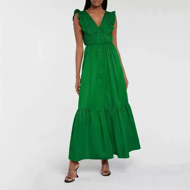 KittenAlarm - Tuppence V Neck Ruffle Sleeves Maxi Dress