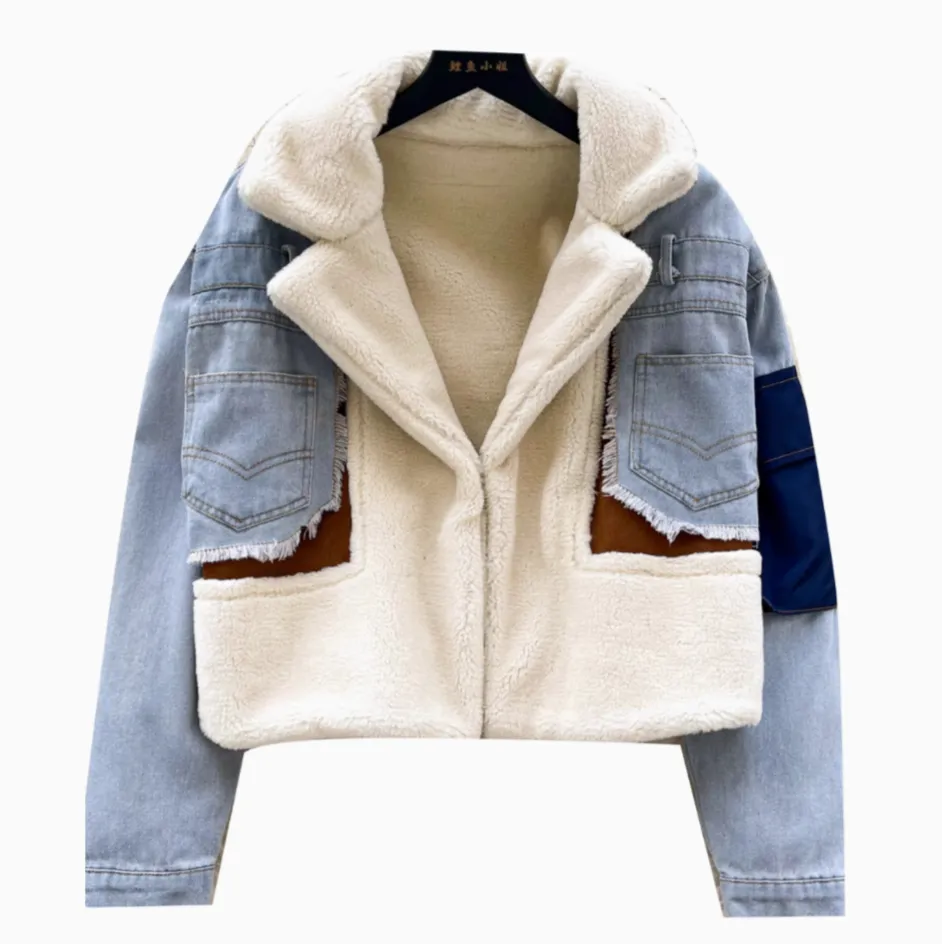 Lamb Wool Denim Patchwork Jacket