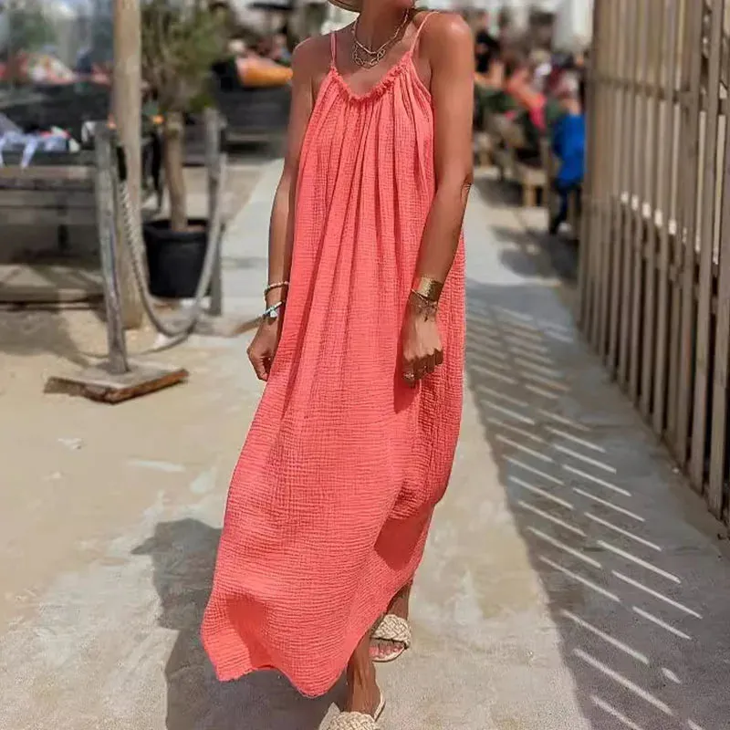 Long Sexy Hollow Off Pleated Solid Sun Summer Beach Dress