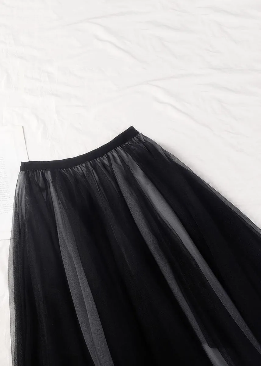 Loose Black Grey Asymmetrical Wrinkled Tulle Skirts Summer AS1061