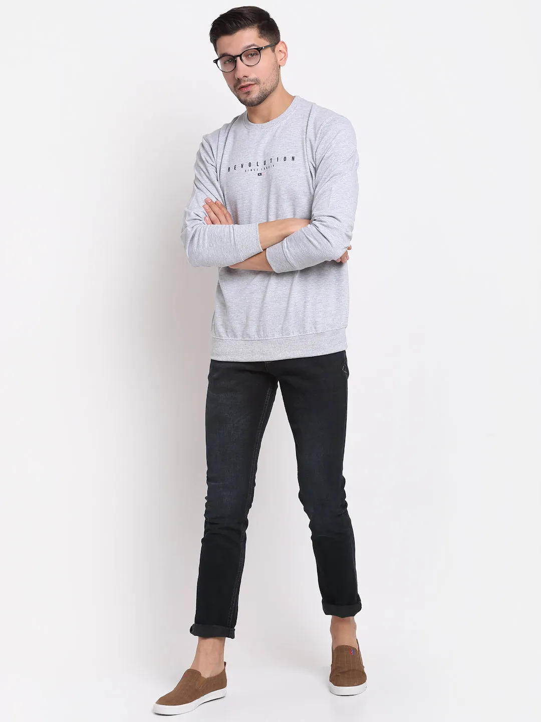 Men Round Neck Full Sleeves Grey Melange Casual Sweatshirt