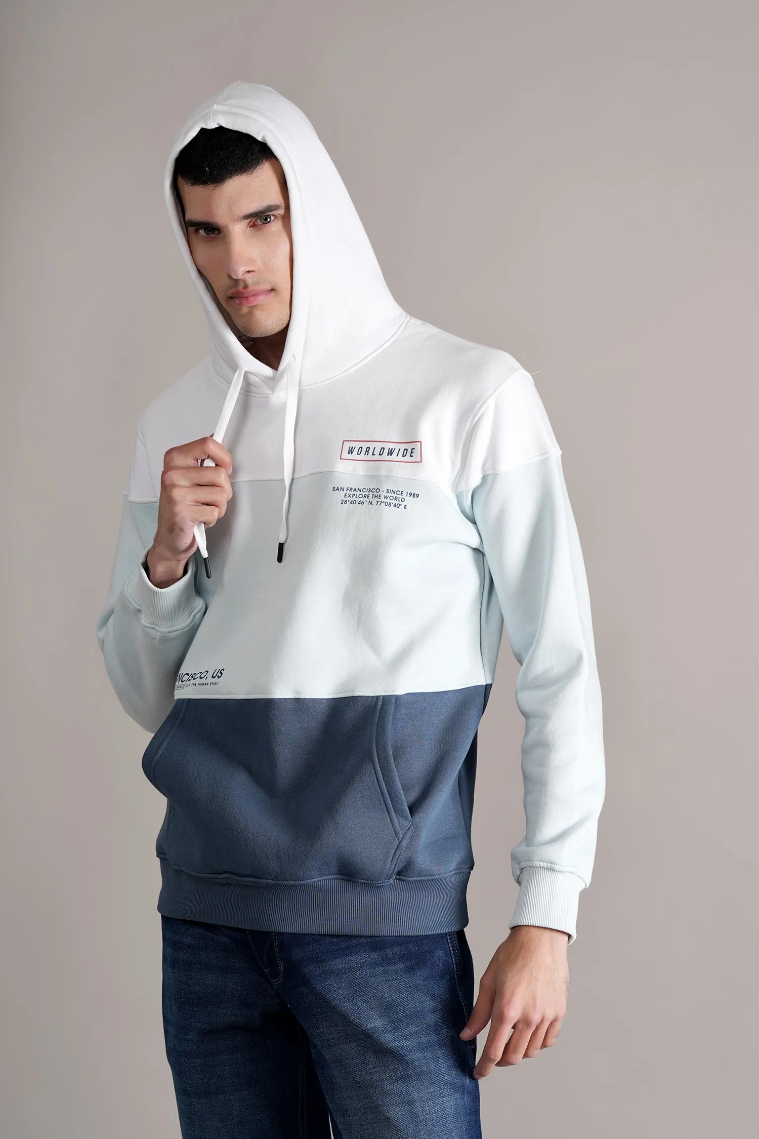 Men's Printed Light Blue Hooded Neck Sweatshirt