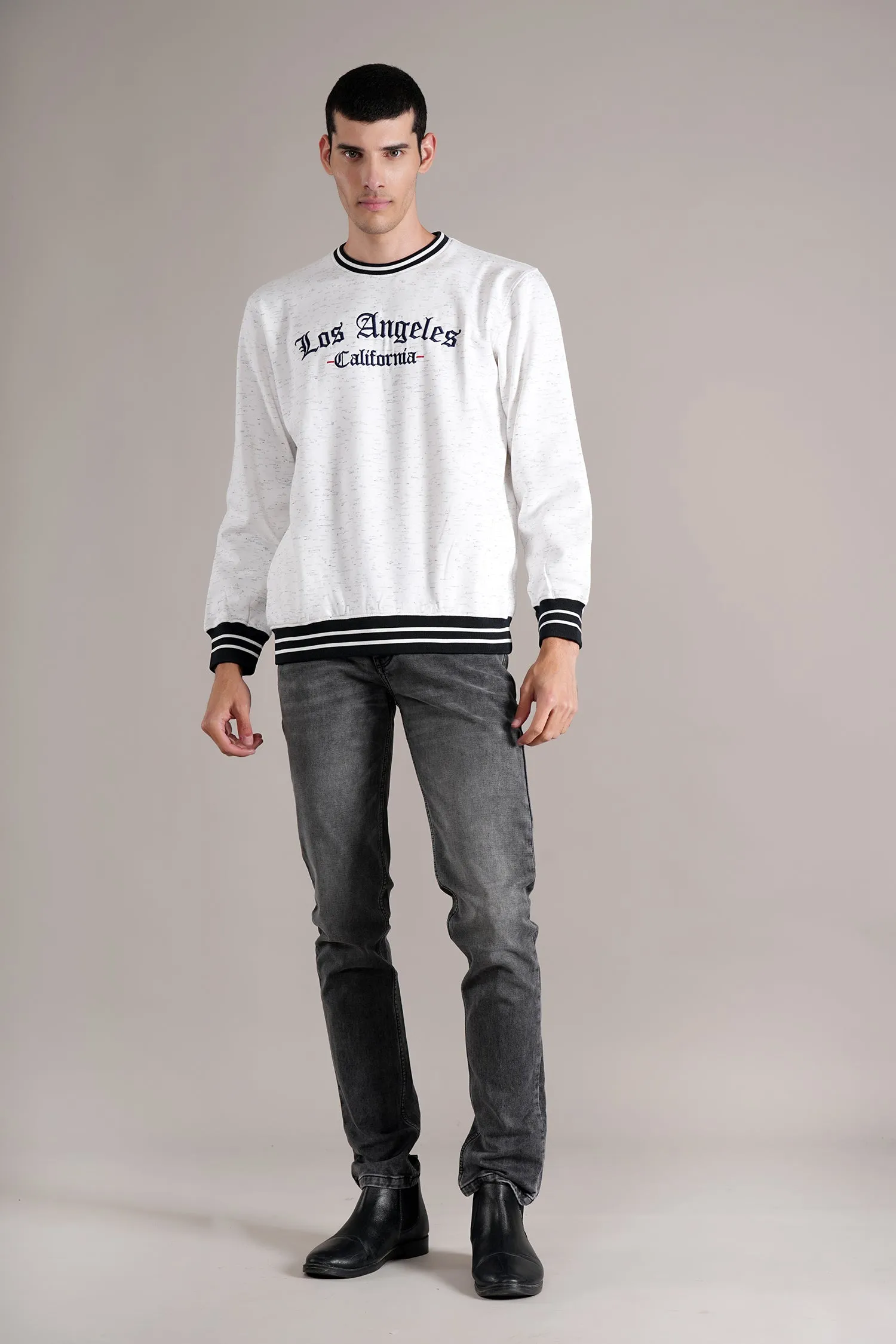 Men's Printed Off White Round Neck Sweatshirt