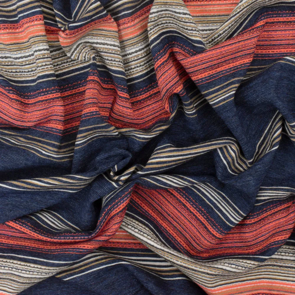 Navy-Coral-Multi Striped Viscose Stretch Jersey Knit Fabric