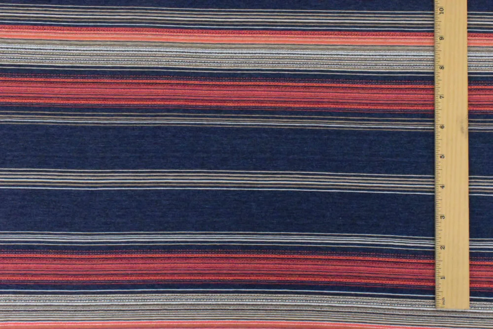 Navy-Coral-Multi Striped Viscose Stretch Jersey Knit Fabric