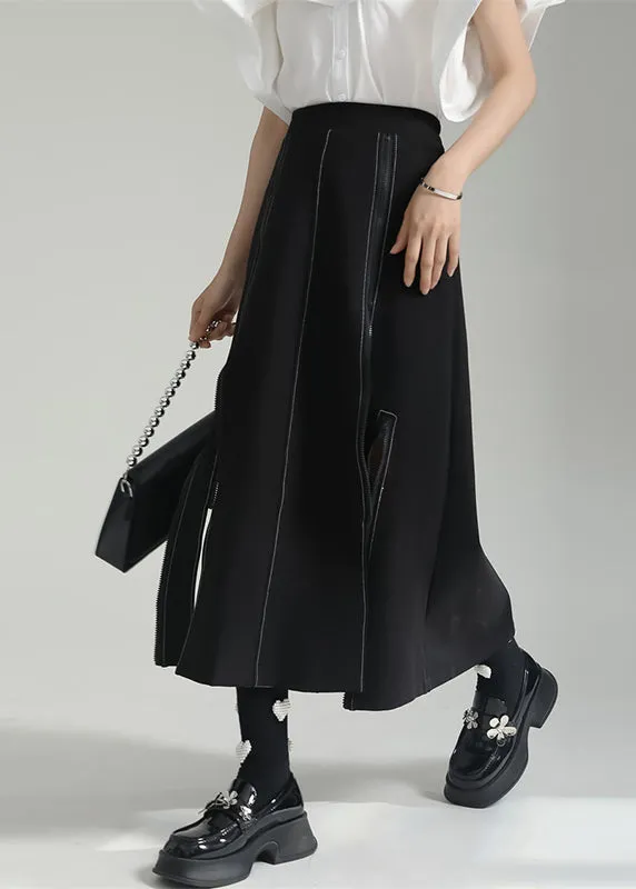 New Black Asymmetrical Zip Up Patchwork Cotton Skirts Fall LY9565