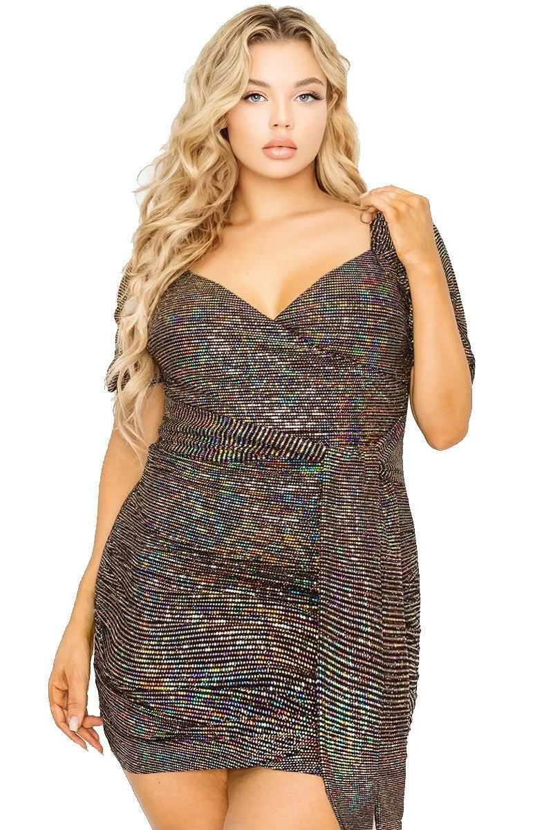 Party Disco Sequins Puff Sleeve Belted Mini Dress Volutpuous ( ) Plus Size - Ships from The US- Ships from The US