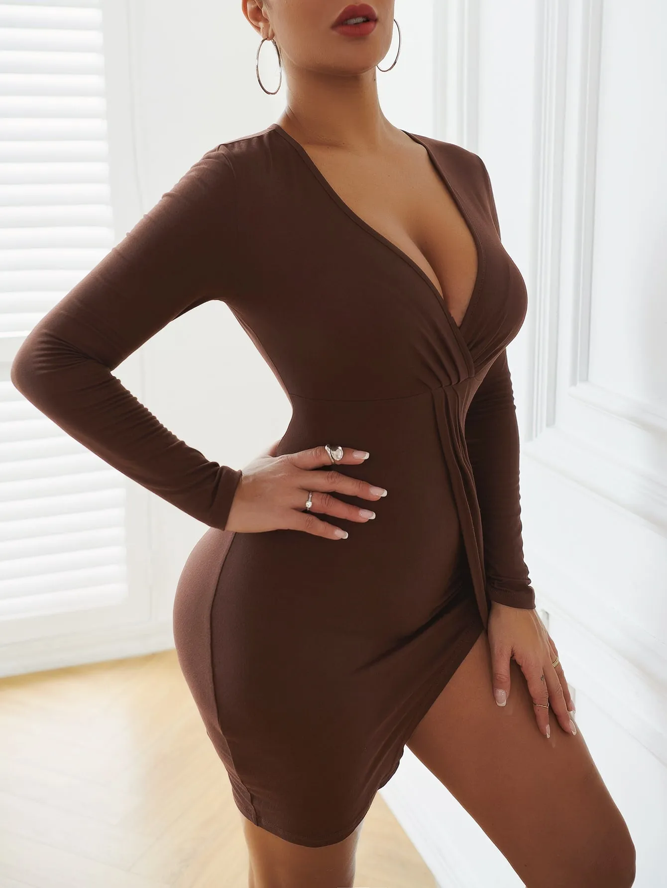 Plain Wrap Long Sleeve Deep V Neck Wrap High Waist Short Dress