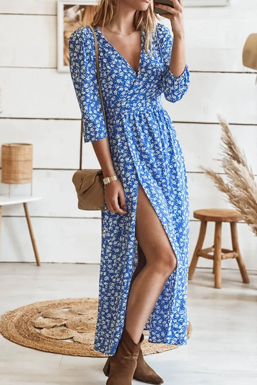 Print Seven Sleeve Slit Wrap Maxi Dress